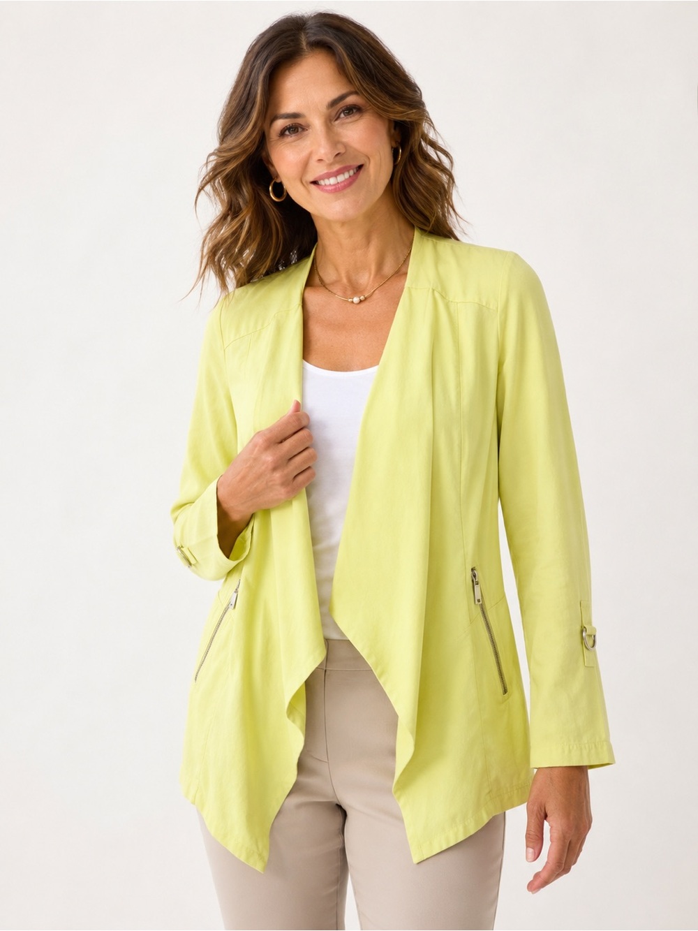 Chico’s Size 2 Soft Lime Drape Jacket Chicos Size‎ Large Open Front Cardigan